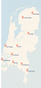 Kaart van Nederland met gemarkeerde plaatsen